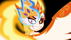 Size: 6000x3375 | Tagged: safe, artist:orin331, daybreaker, nightmare star, a royal problem, equestria girls, g4, absurd resolution, beautiful, black background, crown, equestria girls-ified, evil grin, fangs, female, grin, jewelry, looking back, mane of fire, rear view, regalia, simple background, smiling, smirk, solo, two flaming sunponies, wings