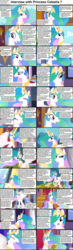 Size: 1282x4375 | Tagged: safe, princess celestia, alicorn, pony, comic:celestia's servant interview, g4, angry, book, canterlot, canterlot castle, caption, comic, cs captions, female, high res, interview, laughing, looking at you, looking down, mare, scroll, smiling, solo