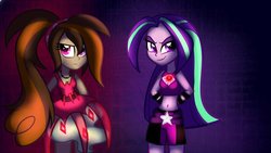 Size: 1024x576 | Tagged: safe, artist:wubcakeva, aria blaze, oc, oc:cupcake slash, equestria girls, g4, my little pony equestria girls: rainbow rocks, arm behind back, belly button, breasts, clothes, commission, duo, equestria girls-ified, equestrian city, female, pendant, smiling