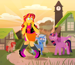 Size: 1280x1099 | Tagged: safe, artist:stevetwisp, pinkie pie, sunset shimmer, trixie, twilight sparkle, alicorn, equestria girls, g4, sweat, twilight sparkle (alicorn)