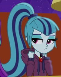 Size: 403x501 | Tagged: safe, screencap, sonata dusk, equestria girls, g4, my little pony equestria girls: rainbow rocks, clothes, cropped, female, hoodie, jewelry, lidded eyes, pendant, sad, solo