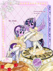 Size: 4500x6000 | Tagged: safe, artist:avchonline, starlight glimmer, twilight sparkle, alicorn, pony, unicorn, semi-anthro, a royal problem, g4, absurd resolution, ballerina, ballet slippers, belle, bloomers, blushing, bow, butter, canterlot royal ballet academy, cherry, clothes, disney, disney princess, dress, evening gloves, female, food, glimmerina, gloves, hair bow, jewelry, leotard, lesbian, long gloves, mare, pancakes, pantyhose, pas de deux, poofy shoulders, puffy sleeves, ship:twistarlight, shipping, skirt, tail, tail hole, tiara, tutu, tutus, twilarina, twilight sparkle (alicorn), upskirt