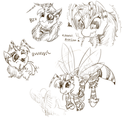 Size: 1501x1406 | Tagged: safe, artist:testostepone, bee pony, original species, pony, angry, descriptive noise, flower, flying, monochrome, open mouth, scrunchy face, simple background, sketch, sketch dump, smiling, white background