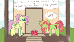 Size: 1190x685 | Tagged: safe, anonymous artist, fluttershy, tree hugger, pony, g4, 4chan, alternate hairstyle, bandana, bro, chaotic good, colored, cute, doorway, drawthread, duo, duo female, female, laughing, ponytail, porch, prank, prankstershy, present, pure unfiltered evil, reverse prank, shyabetes