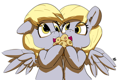 Size: 1280x844 | Tagged: safe, artist:pabbley, derpy hooves, pony, g4, cute, derpabetes, duality, eating, food, muffin, self ponidox, simple background, white background