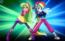 Size: 2260x1428 | Tagged: safe, artist:liniitadash23, lemon zest, rainbow dash, dance magic, equestria girls, equestria girls specials, g4, clothes, converse, crossed arms, duo, female, hat, looking at you, ponied up, rapper dash, shoes, show accurate, sneakers, wings