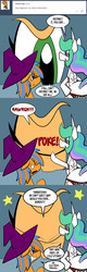 Size: 576x1800 | Tagged: safe, artist:pembroke, applejack, princess celestia, oc, oc:cold front, pony, g4, bra, clothes, comic, crossdressing, hat, lord of the rings, panties, sorceress, the eye of apple, thiklestia, underwear