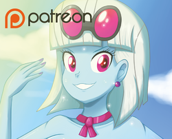 Size: 1511x1222 | Tagged: safe, artist:the-butch-x, photo finish, equestria girls, g4, advertisement, cloud, ear piercing, earring, female, glasses, grin, jewelry, looking at you, nail polish, patreon, patreon logo, patreon preview, piercing, sky, smiling, solo