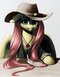 Size: 1023x1310 | Tagged: safe, artist:jonathan-c-eastwood, artist:katputze, color edit, edit, fluttershy, pegasus, pony, bracelet, bust, colored, cowboy hat, cute, female, floppy ears, grin, hat, jewelry, looking at you, mare, necklace, portrait, smiling, solo, stetson, table