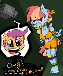 Size: 816x979 | Tagged: safe, artist:gagpal3, scootaloo, windy whistles, anthro, plantigrade anthro, g4, arm behind back, barefoot, bondage, bound wings, breasts, cloth gag, feet, female, gag, scootobsession, video camera