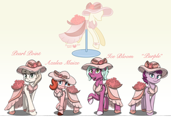 Size: 2847x2000 | Tagged: safe, artist:floofyfoxcomics, oc, oc only, oc:azalea maize, oc:ice point, oc:pearl point, oc:purple, earth pony, pony, clothes, dress, female, high res, kentucky derby, mannequin, mare