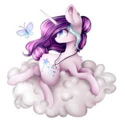 Size: 2000x2000 | Tagged: safe, artist:izuuarts, artist:magicalbrownie, oc, oc only, oc:magical brownie, butterfly, pony, unicorn, cloud, female, high res, mare, simple background, solo, transparent background