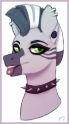 Size: 657x1170 | Tagged: safe, artist:xn1307, oc, oc only, oc:zebra north, zebra, :p, bust, choker, collar, eyebrow piercing, femboy, male, piercing, punk, solo, spiked choker, spiked collar, stallion, tongue out, tongue piercing, zebra femboy, zebra oc