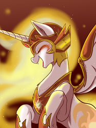 Size: 1024x1365 | Tagged: dead source, safe, artist:foxcarp, daybreaker, alicorn, pony, a royal problem, g4, armor, eyes closed, female, laughing, mare, open mouth, solo
