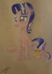 Size: 600x843 | Tagged: safe, artist:horsesnhurricanes, starlight glimmer, pony, unicorn, g4, female, food, popcorn, solo, traditional art