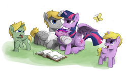 Size: 3840x2160 | Tagged: safe, artist:limply_swamp, twilight sparkle, oc, alicorn, butterfly, pony, g4, alicorn oc, baby, baby pony, book, canon x oc, commission, eye contact, grass, high res, looking at each other, lying, lying down, male, offspring, parent:twilight sparkle, prone, simple background, stallion, twilight sparkle (alicorn), white background