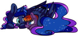 Size: 6936x3267 | Tagged: safe, artist:cutepencilcase, princess luna, oc, alicorn, pony, unicorn, g4, absurd resolution, canon x oc, commission, cuddling, cute, duo, female, hug, looking at each other, lunabetes, mare, missing accessory, prone, shipping, simple background, smiling, transparent background, winghug