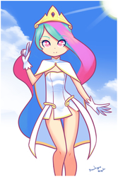 Size: 720x1080 | Tagged: safe, artist:drantyno, princess celestia, human, g4, beautiful, clothes, cloud, cute, cutelestia, dress, female, humanized, legs, looking at you, sky, smiling, solo, sun, thighs