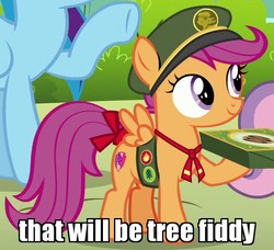 Size: 620x566 | Tagged: safe, edit, edited screencap, screencap, rainbow dash, scootaloo, sweetie belle, 28 pranks later, g4, cutie mark, filly guides, image macro, loch ness monster, meme, outfit catalog, south park, the cmc's cutie marks, tree fiddy