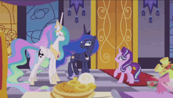 Size: 960x540 | Tagged: safe, edit, edited screencap, screencap, princess celestia, princess luna, starlight glimmer, alicorn, pony, a royal problem, g4, animated, bad joke, bags under eyes, banner, canterlot castle, caption, female, food, fruit, gif, glare, grin, looking up, oops, pancakes, pineapple, rug, sheepish, sheepish grin, smiling, squint, stained glass, swapped cutie marks, talking, text, treehouse logo, unamused, wat