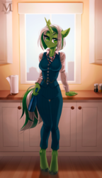 Size: 805x1400 | Tagged: safe, artist:margony, oc, oc only, oc:keylime, oc:keylime stageright, unicorn, anthro, unguligrade anthro, anthro oc, clothes, commission, female, kitchen, looking at you, mare, smiling, solo, suit, vest, window