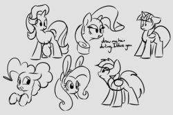 Size: 1000x666 | Tagged: safe, artist:masserey, fluttershy, pinkie pie, rainbow dash, rarity, starlight glimmer, twilight sparkle, alicorn, earth pony, pegasus, pony, unicorn, g4, 5 minute art challenge, bunny ears, bust, dialogue, female, floppy ears, gray background, grayscale, mare, monochrome, open mouth, raised hoof, simple background, sketch, sketch dump, smiling, twilight sparkle (alicorn)