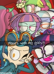 Size: 1000x1360 | Tagged: safe, artist:psychodiamondstar, indigo zap, lemon zest, sci-twi, sour sweet, sugarcoat, sunny flare, twilight sparkle, equestria girls, g4, my little pony equestria girls: friendship games, cinema, clothes, crystal prep shadowbolts, food, group, looking at you, one eye closed, open mouth, peace sign, popcorn, selfie, snapchat, wink