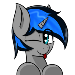 Size: 512x512 | Tagged: safe, artist:eclipsepenumbra, oc, oc only, oc:frost fang, pony, unicorn, blue eyes, blue hair, commission, cute, fangs, gray coat, one eye closed, profile picture, simple background, solo, tongue out, transparent background
