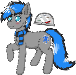 Size: 3050x3003 | Tagged: safe, artist:vulpineprincess, oc, oc only, oc:frost fang, pony, unicorn, blue eyes, blue hair, blushing, clothes, cute, fangs, fluffy, gray coat, high res, scarf, solo