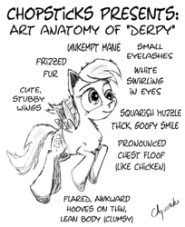 Size: 1425x1746 | Tagged: safe, artist:chopsticks, derpy hooves, pegasus, pony, g4, anatomy, female, flying, mare, monochrome, sketch, solo, text