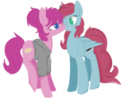 Size: 1250x1000 | Tagged: safe, artist:hirundoarvensis, oc, oc only, oc:candy dandy, oc:schweet schnapps, earth pony, pegasus, pony, boop, clothes, female, lineless, mare, shipping, simple background, transparent background