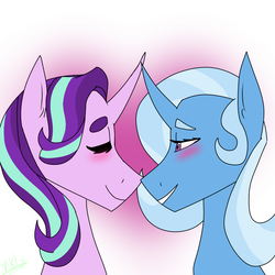 Size: 844x844 | Tagged: safe, artist:moonakart13, artist:moonaknight13, starlight glimmer, trixie, pony, unicorn, g4, blushing, eyes closed, female, heart, lesbian, mare, ship:startrix, shipping, smiling
