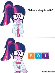 Size: 2448x3264 | Tagged: safe, artist:rainbowyoshi305, sci-twi, twilight sparkle, equestria girls, g4, :c, boi, boron, bowtie, breathing, clothes, dialogue, female, frown, glasses, high res, iodine, jokes in the comments, lab coat, meme, oxygen, periodic table, puns in the comments, simple background, solo