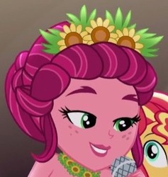 Size: 291x307 | Tagged: safe, screencap, gloriosa daisy, sunset shimmer, equestria girls, g4, my little pony equestria girls: legend of everfree, alternate hairstyle, cropped, duo, female, microphone