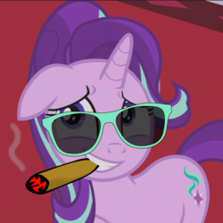 Size: 1080x1080 | Tagged: safe, edit, edited screencap, screencap, starlight glimmer, pony, a royal problem, g4, canterlot castle, cigar, cropped, female, grin, looking up, rug, sheepish, sheepish grin, smiling, smoking, solo, squint, sunglasses