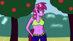 Size: 1024x576 | Tagged: safe, artist:susanzx2000, berry punch, berryshine, anthro, g4, belly button, bra, breasts, cleavage, clothes, female, green underwear, pants, solo, sports bra, tongue out, underwear, watermark