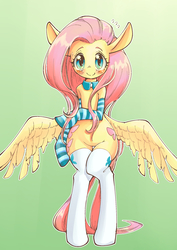 Size: 1447x2039 | Tagged: safe, artist:unousaya, fluttershy, pegasus, pony, semi-anthro, g4, arm hooves, bipedal, blushing, both cutie marks, butt wings, clothes, cute, female, gradient background, looking at you, mare, shyabetes, smiling, socks, solo, spread wings, stockings, striped socks, thigh highs, wings
