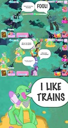 Size: 960x1803 | Tagged: safe, edit, gameloft, discord, frenulum (g4), queen chrysalis, starlight glimmer, thorax, trixie, changedling, changeling, changeling queen, draconequus, pony, g4, to where and back again, asdfmovie, comic, faic, female, gameloft shenanigans, i like trains, male, meme, reformed four, spanish