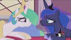 Size: 1920x1080 | Tagged: safe, screencap, princess celestia, princess luna, pony, a royal problem, g4, canterlot castle, looking at each other, lying down, royal sisters, smiling, treehouse logo