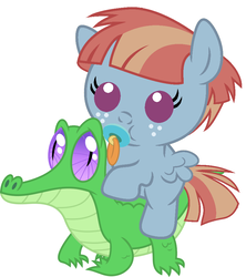 Size: 836x942 | Tagged: safe, artist:red4567, gummy, windy whistles, pegasus, pony, g4, baby, baby pony, cute, female, filly, male, pacifier, ponies riding gators, riding, simple background, white background, windy whistles riding gummy, windybetes