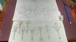 Size: 3328x1872 | Tagged: safe, maud pie, starlight glimmer, sunburst, thorax, trixie, changedling, changeling, pony, unicorn, g4, female, king thorax, mare, paper, sketch, traditional art, wand, wip