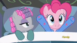 Size: 400x225 | Tagged: safe, edit, screencap, maud pie, pinkie pie, pony, g4, rock solid friendship, animated, bed, clapping, clothes, cute, diapinkes, discovery family logo, female, footed sleeper, gif, hair curlers, loop, pajamas, pie sisters pajamas, pillow