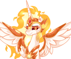 Size: 1800x1500 | Tagged: safe, artist:tina-de-love, daybreaker, alicorn, pony, a royal problem, g4, female, lidded eyes, looking at you, mane of fire, simple background, smiling, solo, spread wings, transparent background, wings