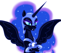 Size: 1600x1400 | Tagged: safe, artist:tina-de-love, nightmare moon, alicorn, pony, g4, crossed hooves, female, frown, lidded eyes, simple background, solo, spread wings, transparent background, wings