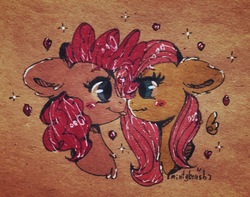 Size: 1741x1375 | Tagged: safe, artist:mintybrush, fluttershy, pinkie pie, pony, g4, blushing, bust, eye contact, female, floating wings, floppy ears, lesbian, looking at each other, mare, profile, ship:flutterpie, shipping, tongue out, traditional art