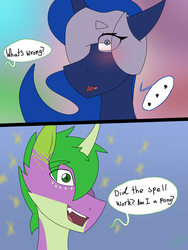 Size: 1200x1600 | Tagged: safe, artist:moonakart13, artist:moonaknight13, princess luna, spike, dragon, g4, blushing, blushing profusely, comic, crack shipping, dialogue, female, freckles, male, open mouth, ponified spike, ship:spiluna, shipping, smiling, sparkles, speech bubble, speechless, spikelove, straight, wide eyes