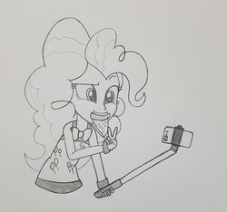 Size: 2208x2071 | Tagged: safe, artist:ukoyuck, pinkie pie, equestria girls, g4, cellphone, clothes, cute, female, food, high res, monochrome, mouth hold, pajamas, peace sign, phone, pizza, selfie stick, solo, traditional art