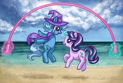 Size: 1326x900 | Tagged: safe, artist:mcponyponypony, starlight glimmer, trixie, pony, unicorn, g4, beach, cape, clothes, colored hooves, cute, diatrixes, duo, female, glimmerbetes, hat, jump rope, jumping, looking at each other, magic, mare, smiling, telekinesis, trixie's cape, trixie's hat