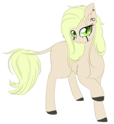 Size: 2040x2219 | Tagged: dead source, safe, artist:php146, oc, oc only, oc:poem, earth pony, pony, art trade, ear piercing, female, green eyes, high res, leonine tail, looking at you, mare, piercing, raised hoof, simple background, slit pupils, solo, transparent background