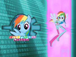 Size: 1024x768 | Tagged: safe, artist:10networks, rainbow dash, equestria girls, g4, arm band, code lyoko, cutie mark, female, knee pads, solo, wings, xana